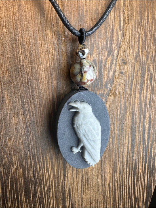 Jewelry - Handcrafted Tai Chi Stone Raven Pendant Necklace on Black Rope